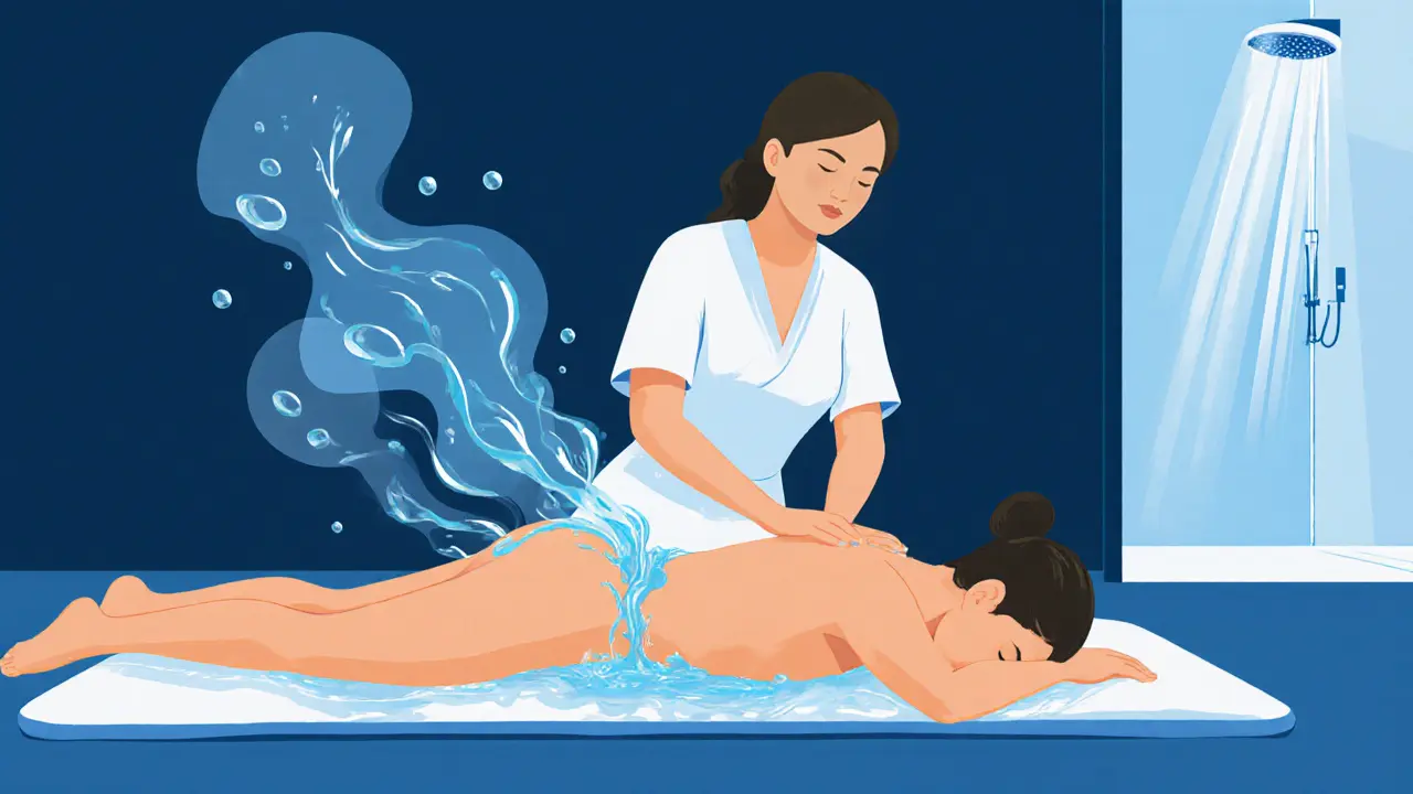 A Nuru massage with full-body skin contact using seaweed gel in a serene, steamy private room.