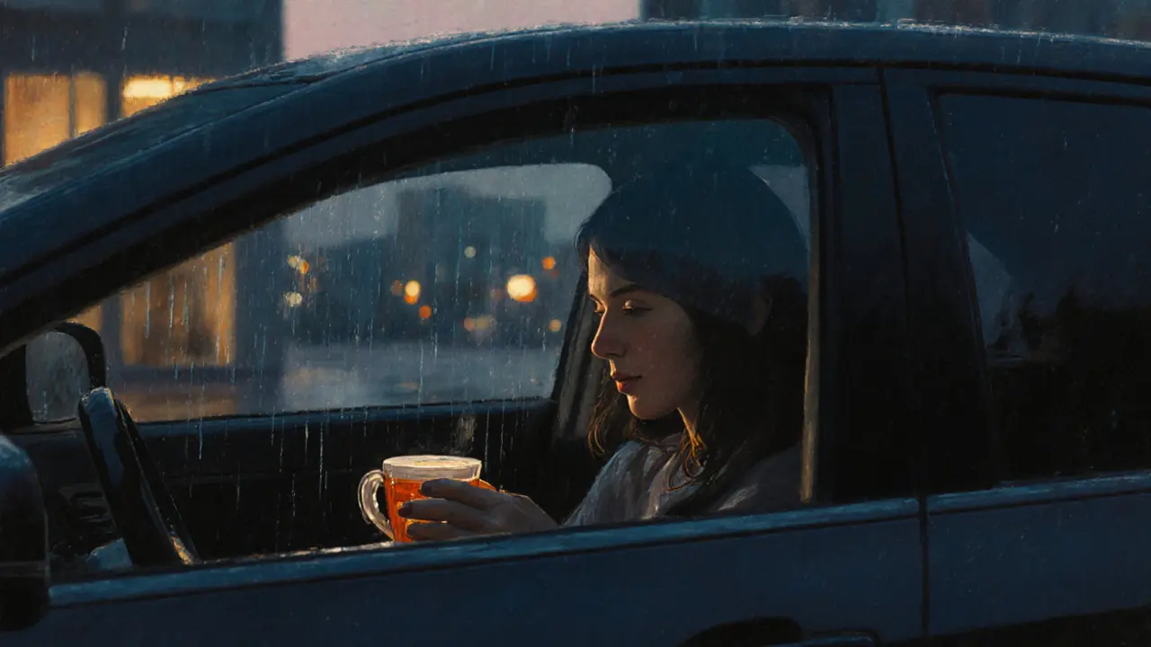 A person sitting alone in a car at dusk, crying gently while holding a warm cup of tea.