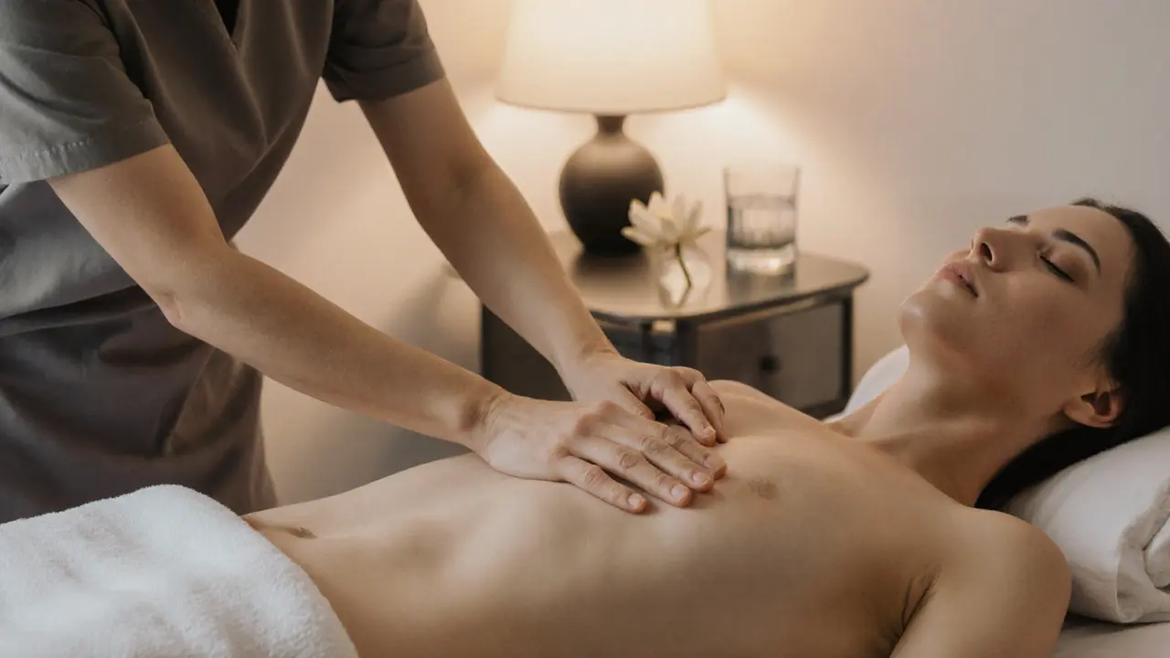 A practitioner performing a gentle yoni massage with focus on relaxation and therapeutic touch.