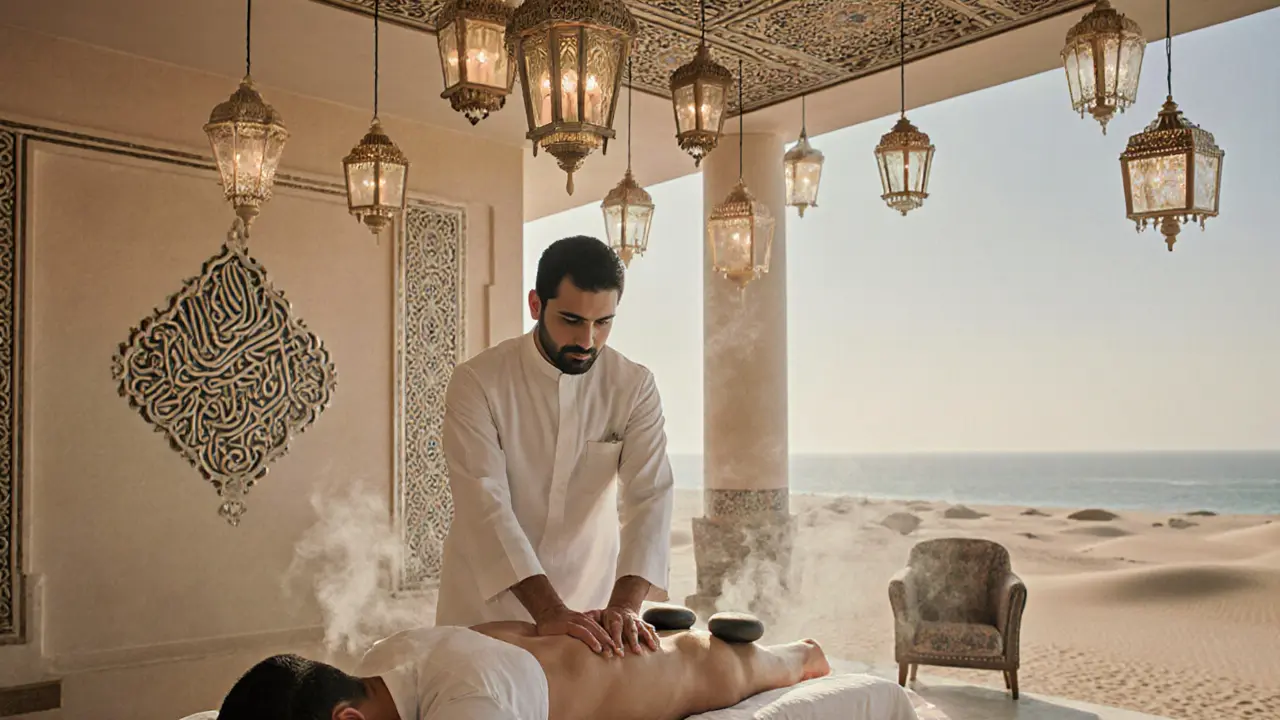 A professional Arabian massage in a luxury spa, with therapist and client in a serene, culturally rich setting.