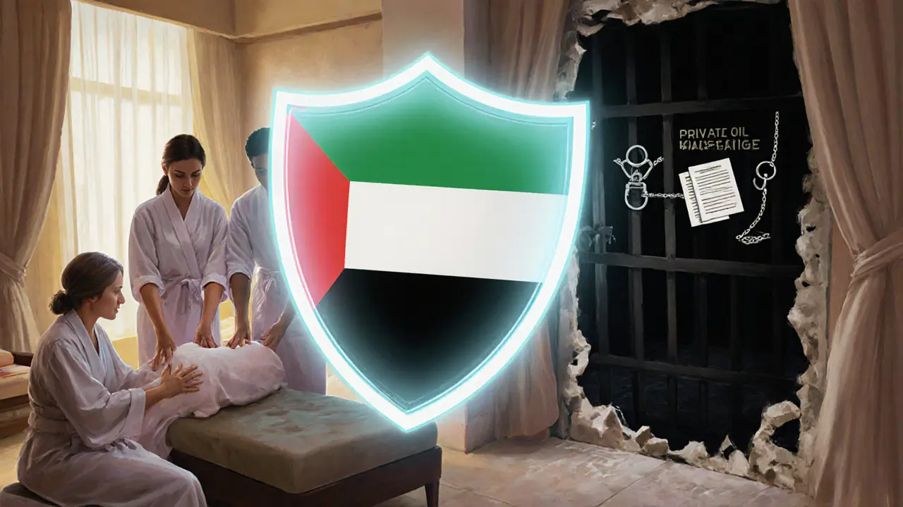 A protective legal shield safeguards a legitimate couples massage, while an illegal massage doorway crumbles into jail bars.