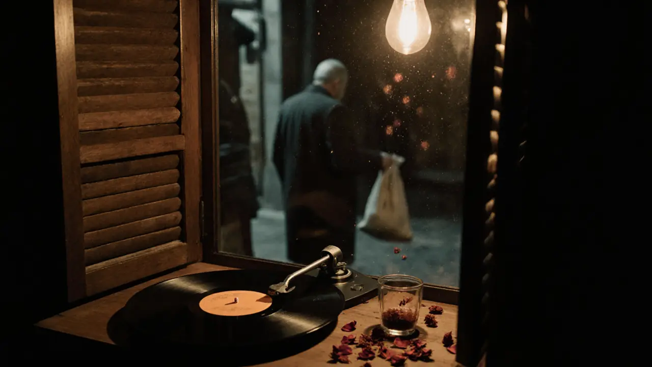 A quiet spice bazaar café at midnight with a vinyl record playing and tea being stirred in a tiny glass.