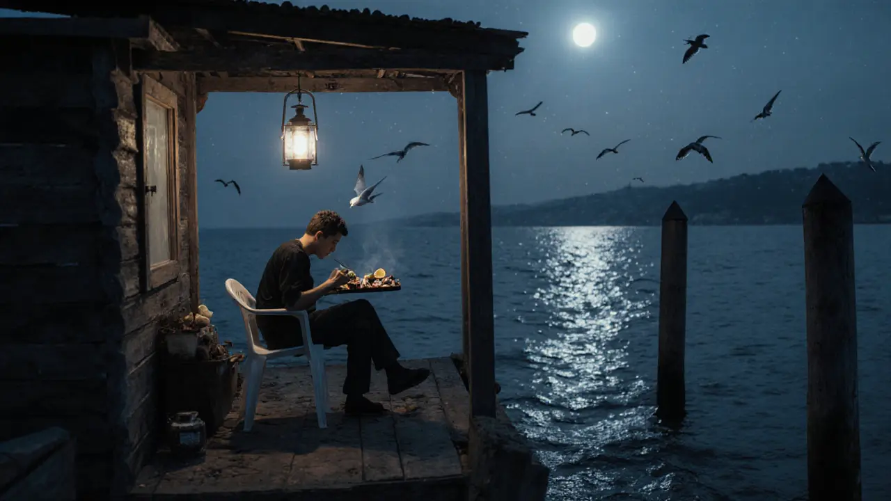 A seaside fish shack at night with someone eating grilled anchovies as stars reflect on the water.