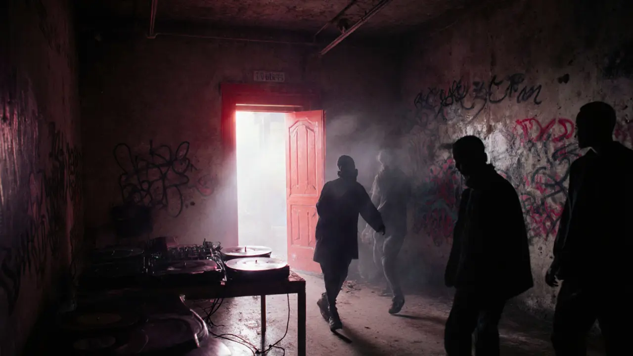 A secret underground techno party in a dim warehouse with a single red door and hazy strobe lights.