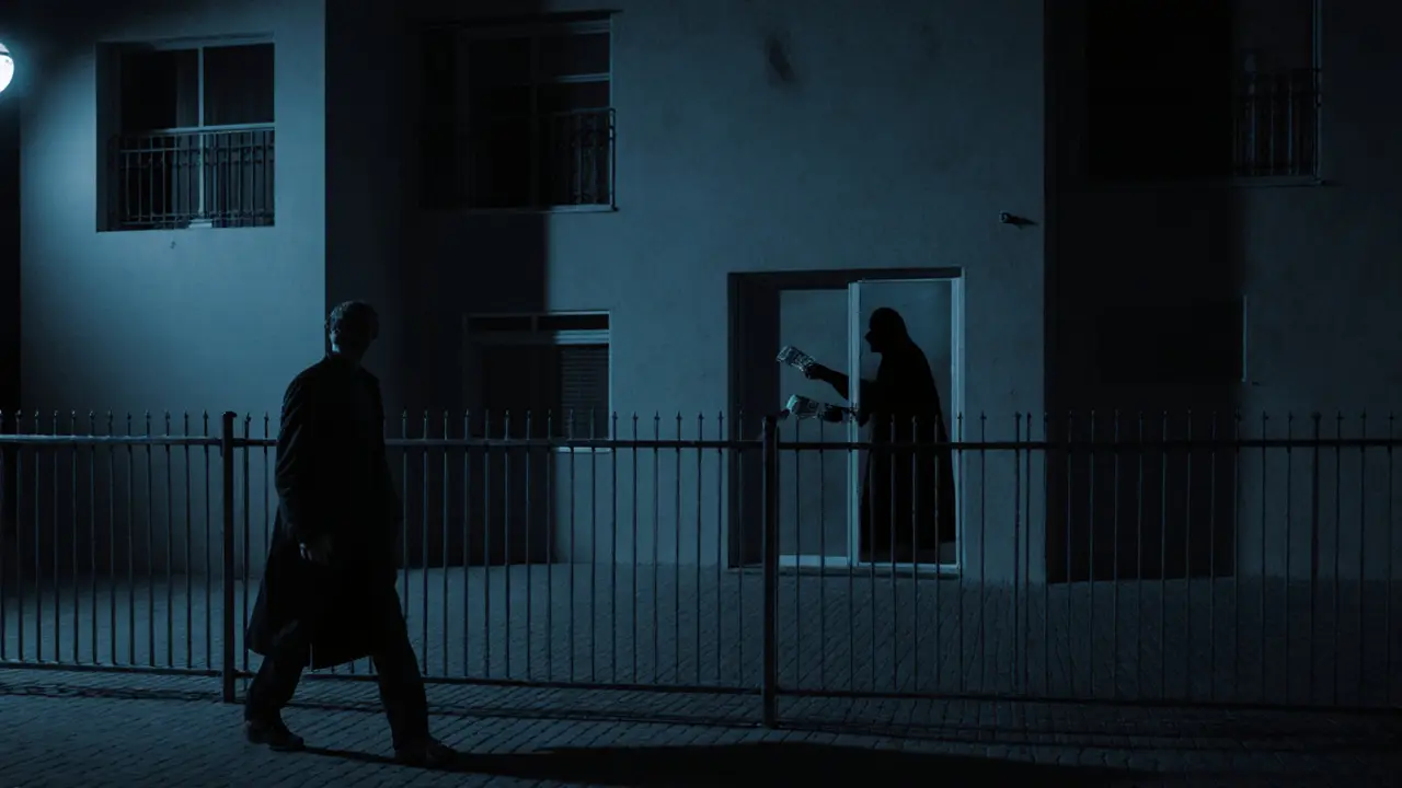 A solitary figure walking away from a private residence at night, suggesting a discreet and risky encounter.