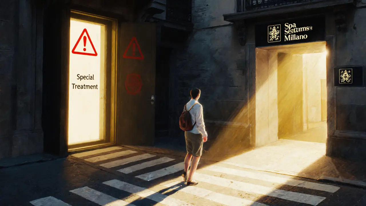 A tourist choosing between an illegal massage parlor and a legitimate spa entrance.