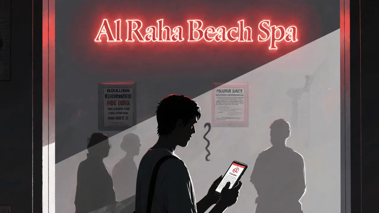 A tourist hesitates outside a spa, confused by misleading ads, while legal consequences loom in the background.