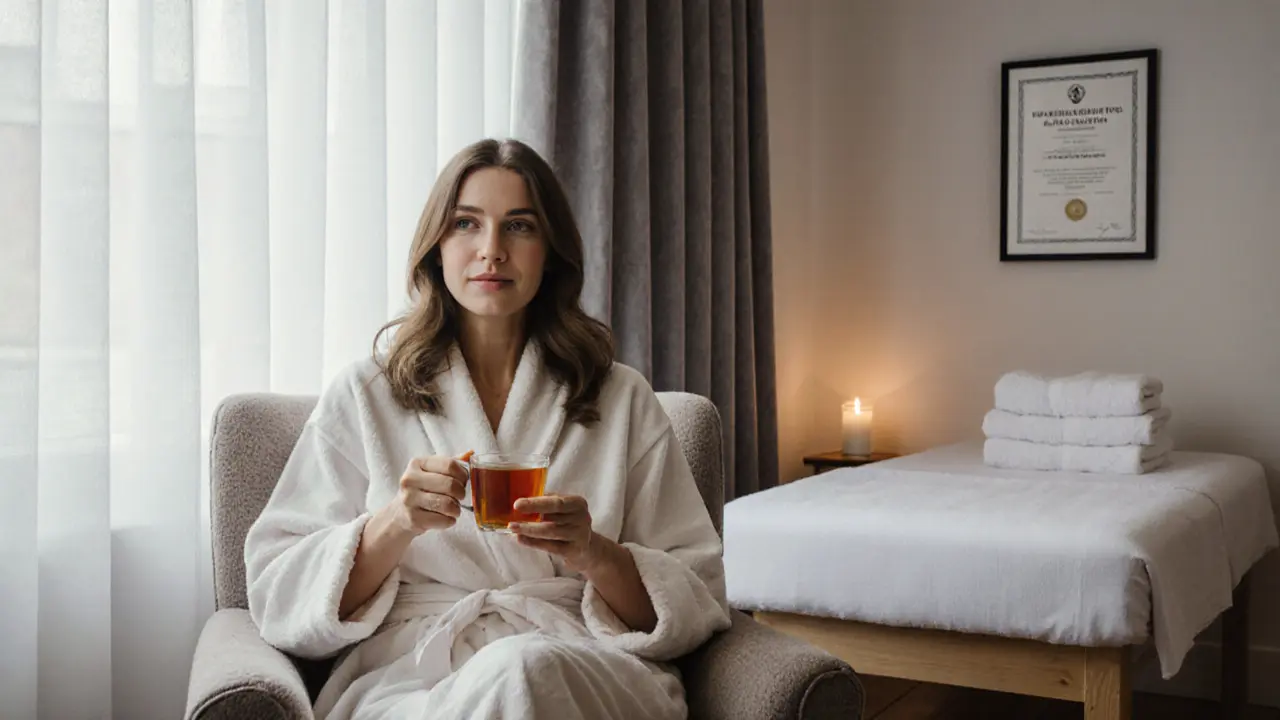 A woman in a robe sips tea in a serene studio, surrounded by healing tools and a certification on the wall, embodying quiet transformation after a session.