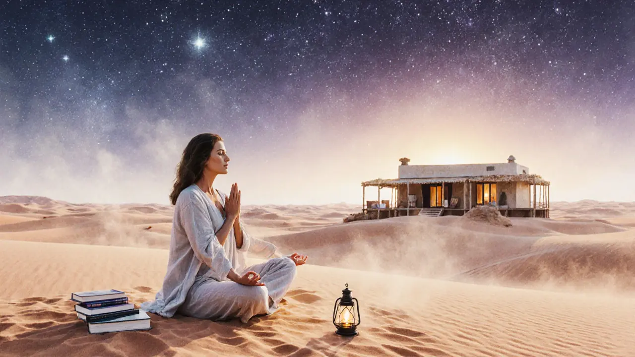 A woman practicing breathwork in the desert at sunrise, surrounded by calm and natural serenity.