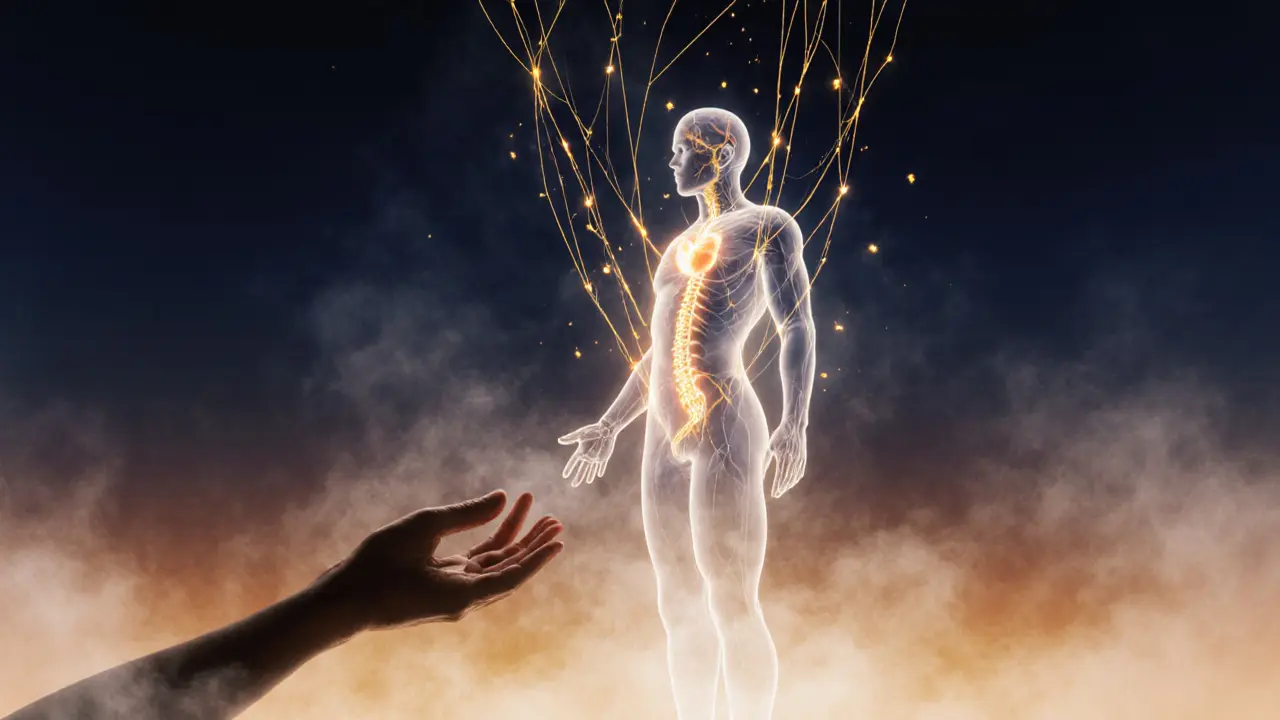 An abstract golden glow connects to a human form in mist, symbolizing emotional release and somatic reconnection through touch.