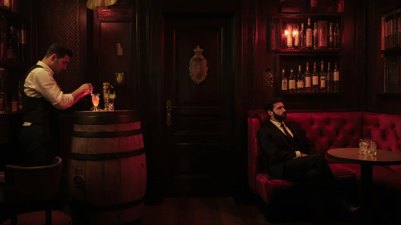 An intimate speakeasy with velvet booths and dim lighting, a bartender mixing a drink in a hidden 1920s-style lounge.