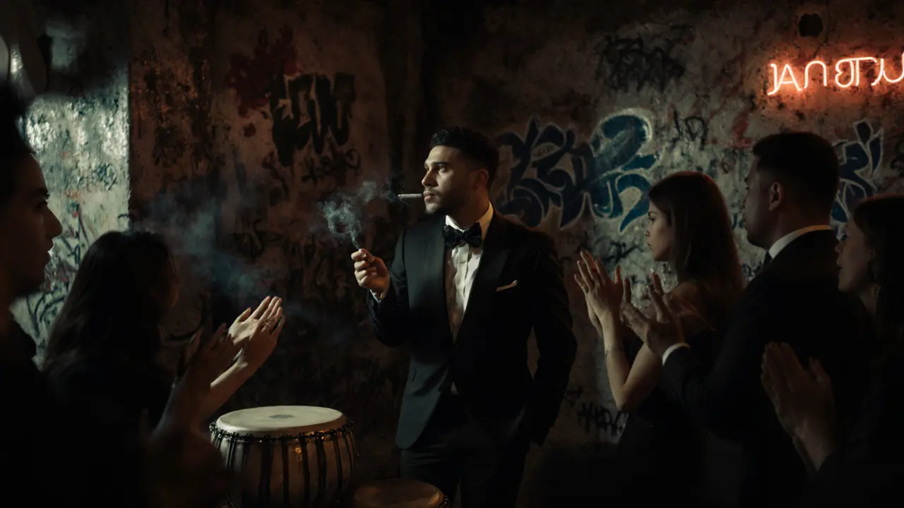 Basement hip-hop bar in Kadıköy with graffiti walls and live performance under dim lights.