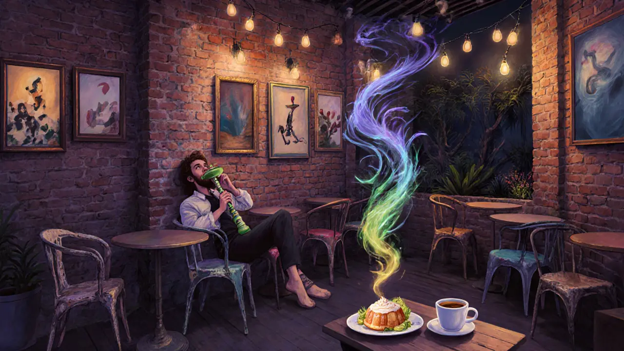 Bohemian shisha bar in an arts district with vintage chairs, abstract sound waves, and fairy lights above a garden.