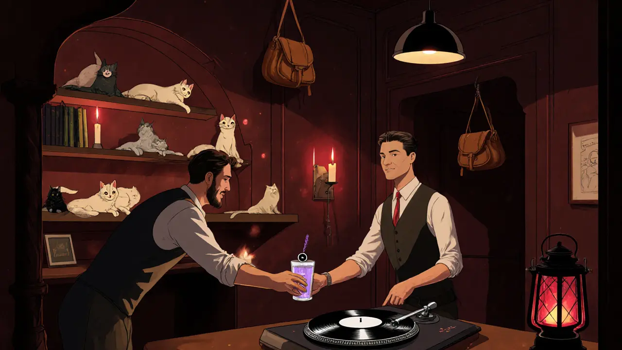 Candlelit speakeasy with cats and vinyl records, bartender serving a craft cocktail.