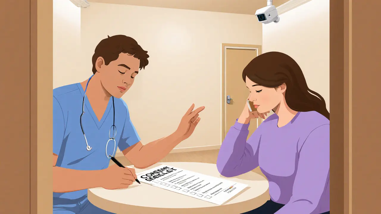 Client and worker reviewing a consent checklist together in a calm, well-lit room.