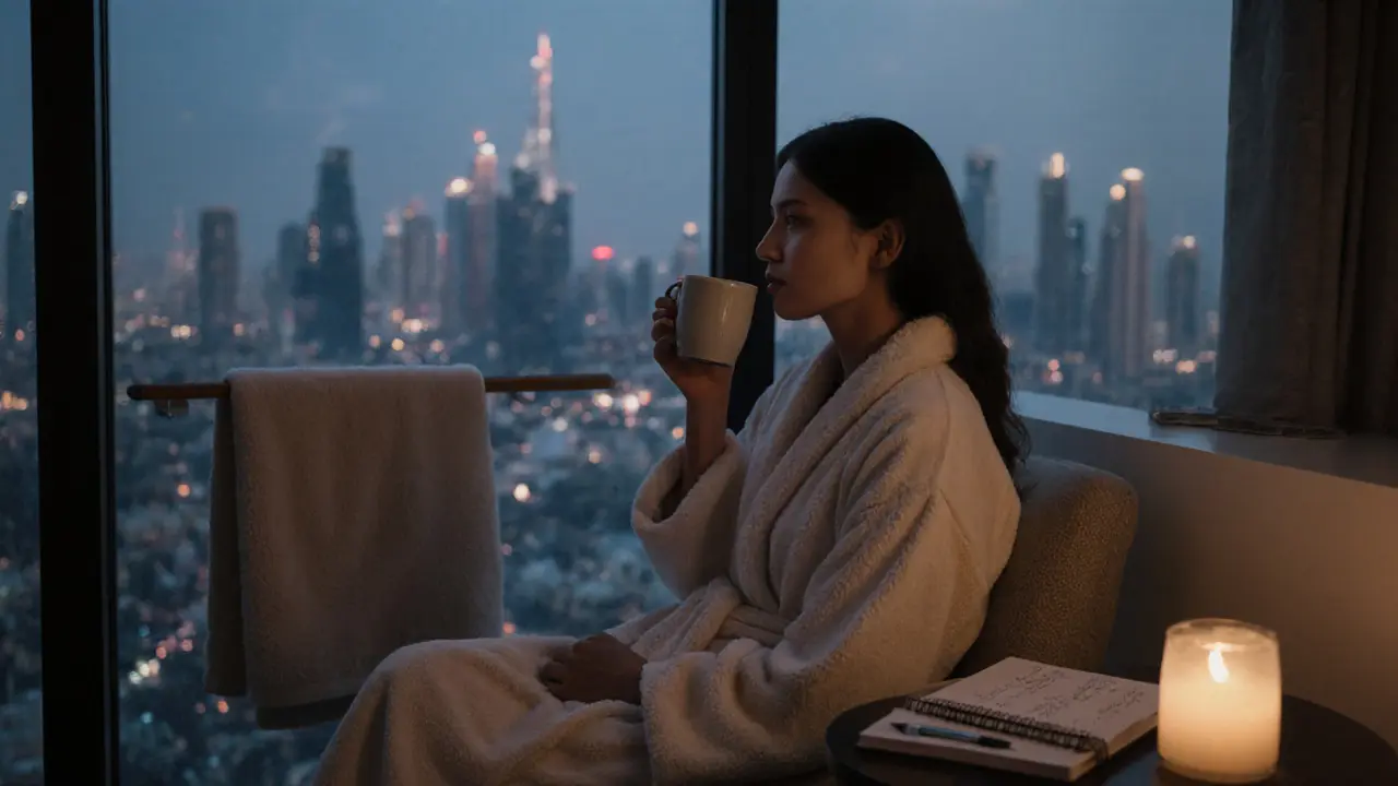 Client sits peacefully in a lounge after massage, sipping tea, robe wrapped, Dubai skyline visible through window at dusk.