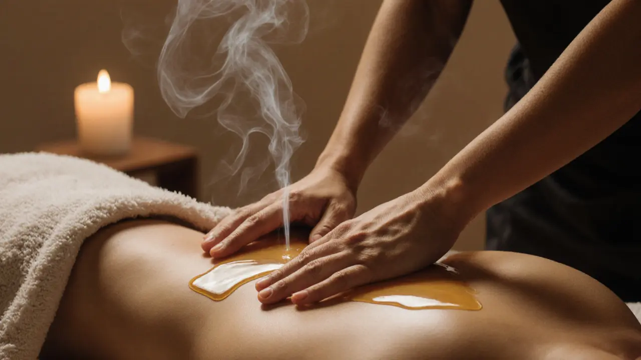 Close-up of hands applying precise pressure during a sensual massage with warm oil, incense smoke, and candlelight in a minimalist room.