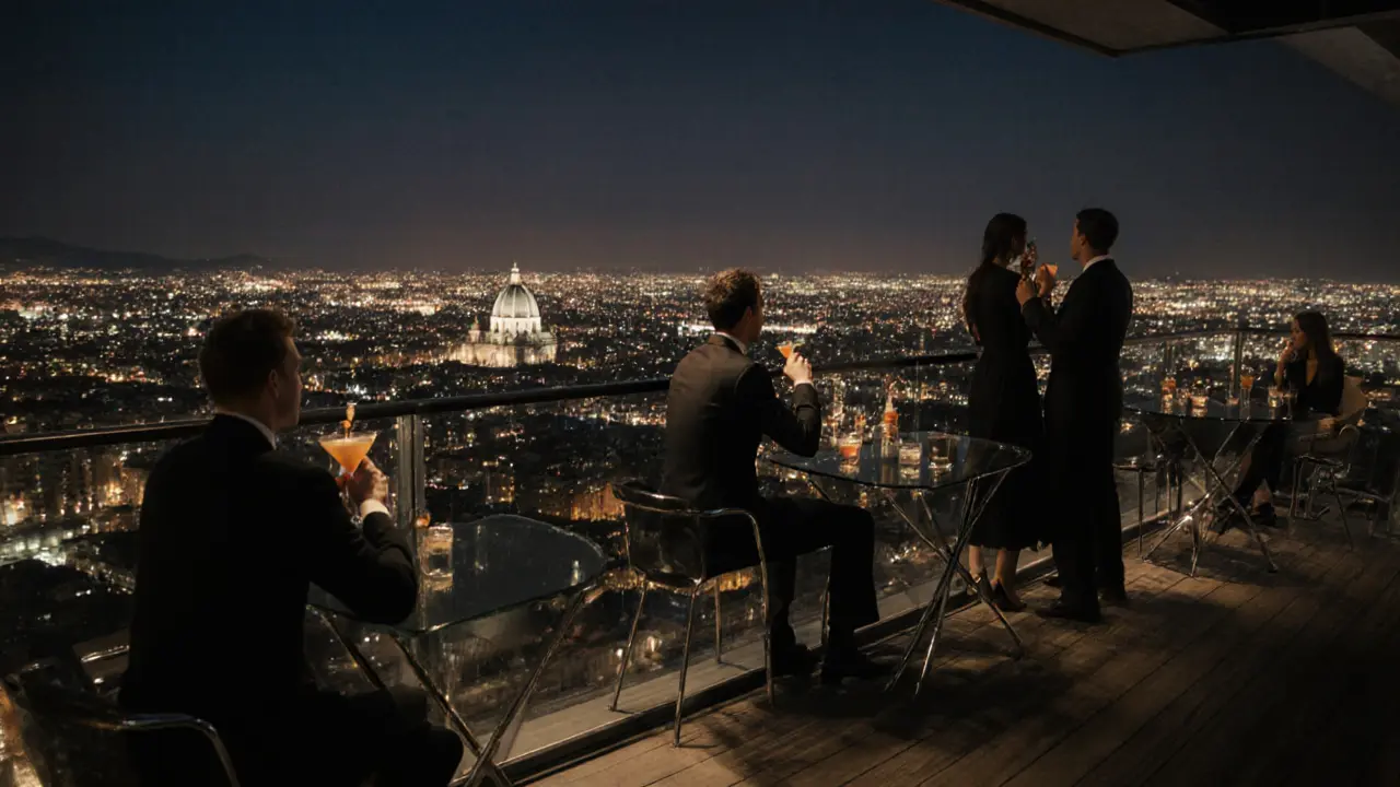 Couples on a rooftop lounge overlooking Milan's city lights at sunrise.