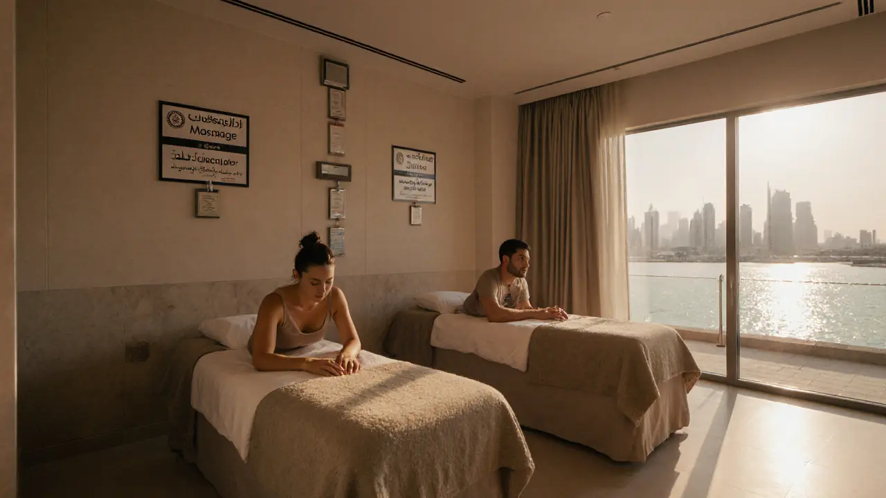 Couples receiving licensed massages in a bright wellness center with views of Abu Dhabi’s skyline.