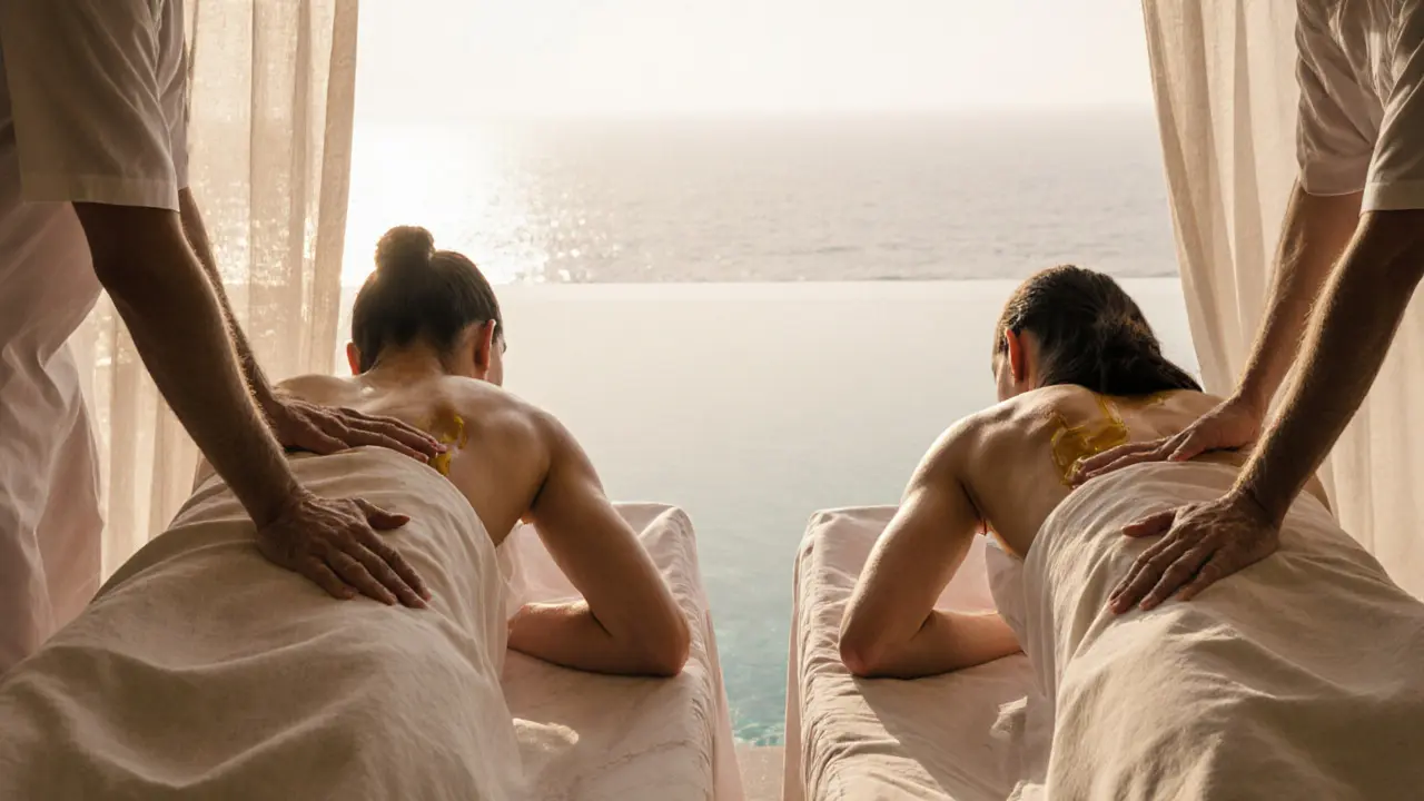 Couples receiving synchronized sensual massage on heated tables with pool reflections.