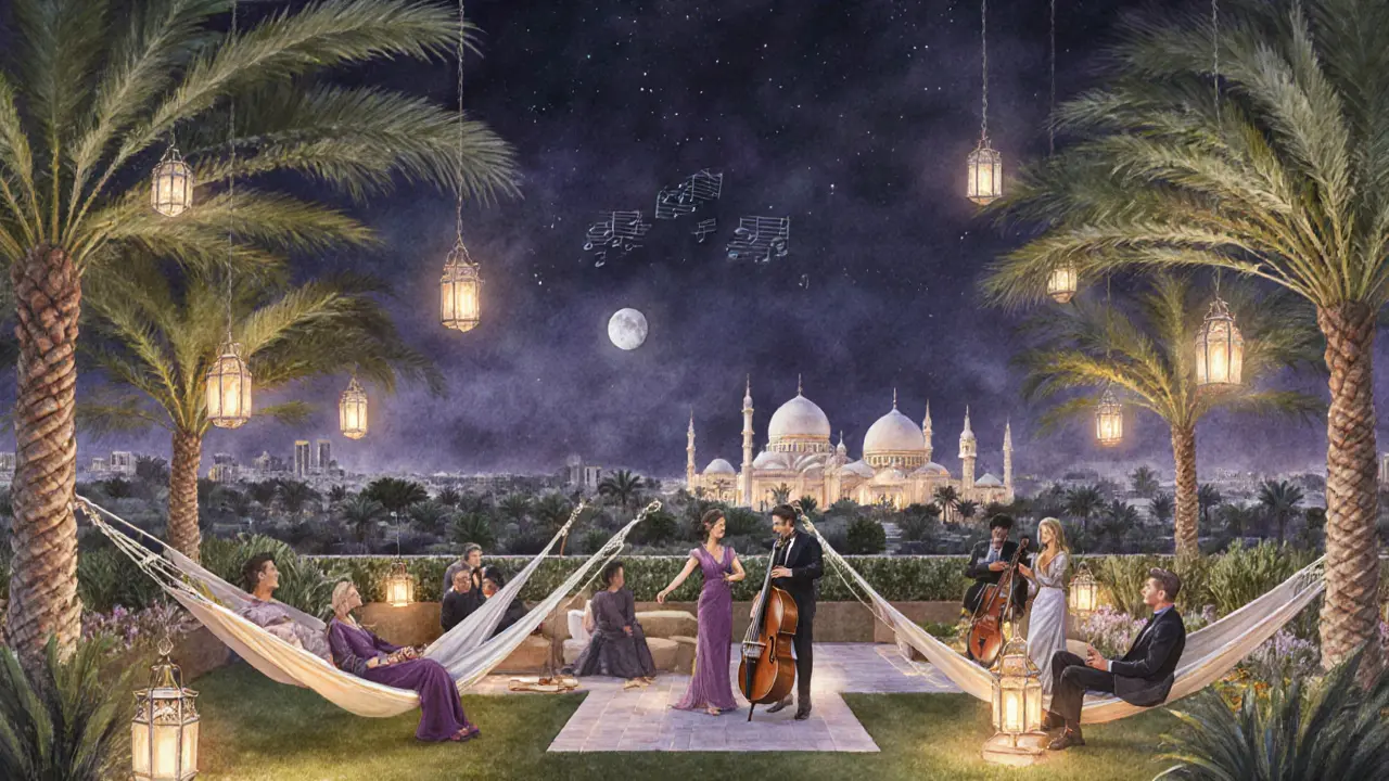 Couples relaxing in hammocks at a quiet rooftop garden under lantern lights.