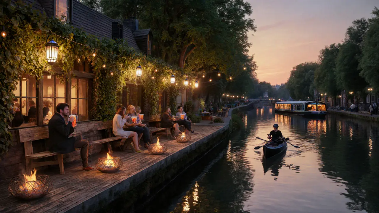 Cozy canal-side bar with wooden decks, fire pits, and lanterns, people enjoying drinks as a kayak passes on the water.
