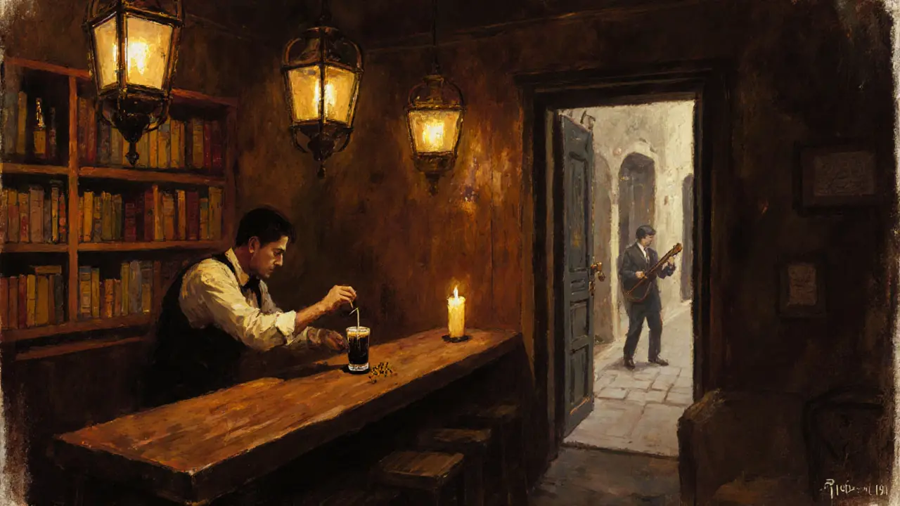 Cozy hidden bar with warm lighting, books, and a bartender pouring a traditional raki cocktail.