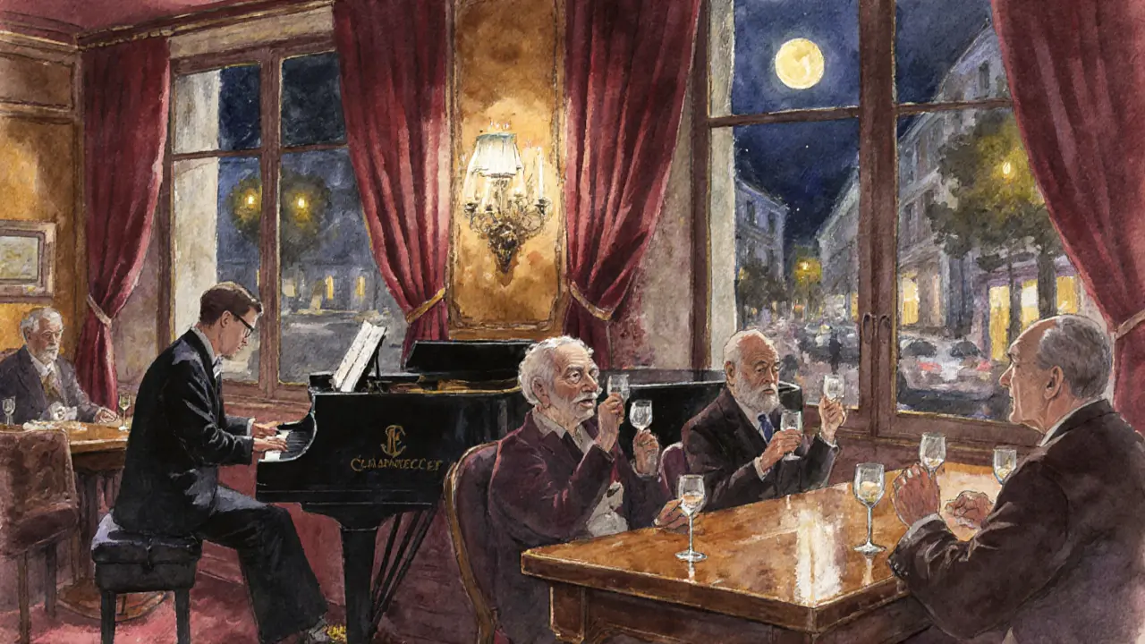 Cozy jazz bar with a pianist playing under lamplight, quiet patrons enjoying drinks in a warm, candlelit atmosphere.