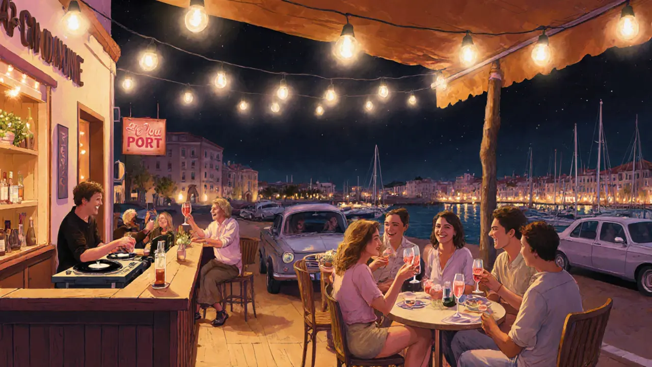 Cozy outdoor bar in La Condamine with locals enjoying rosé under string lights and harbor views.