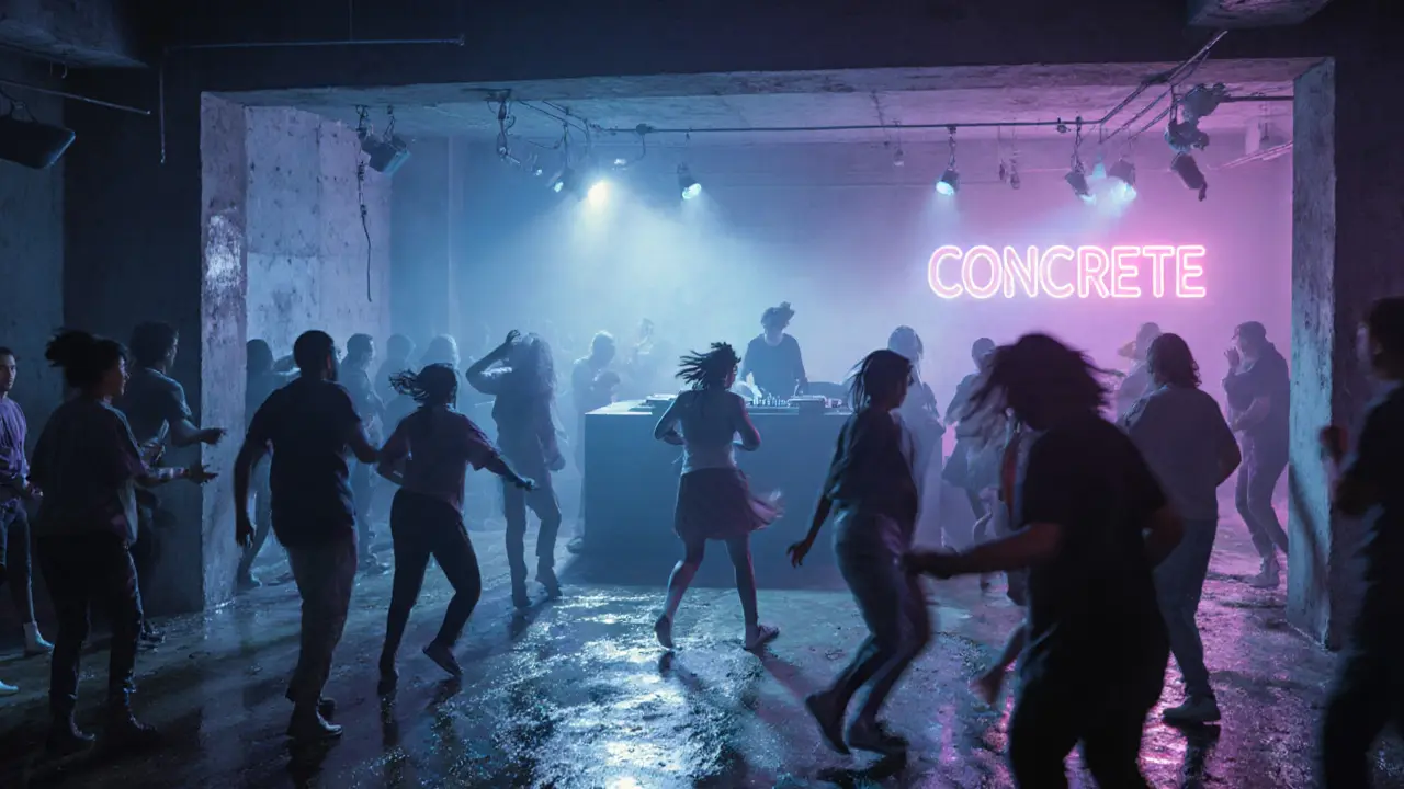 Crowd dancing in a gritty underground club with strobe lights and bass vibrations.