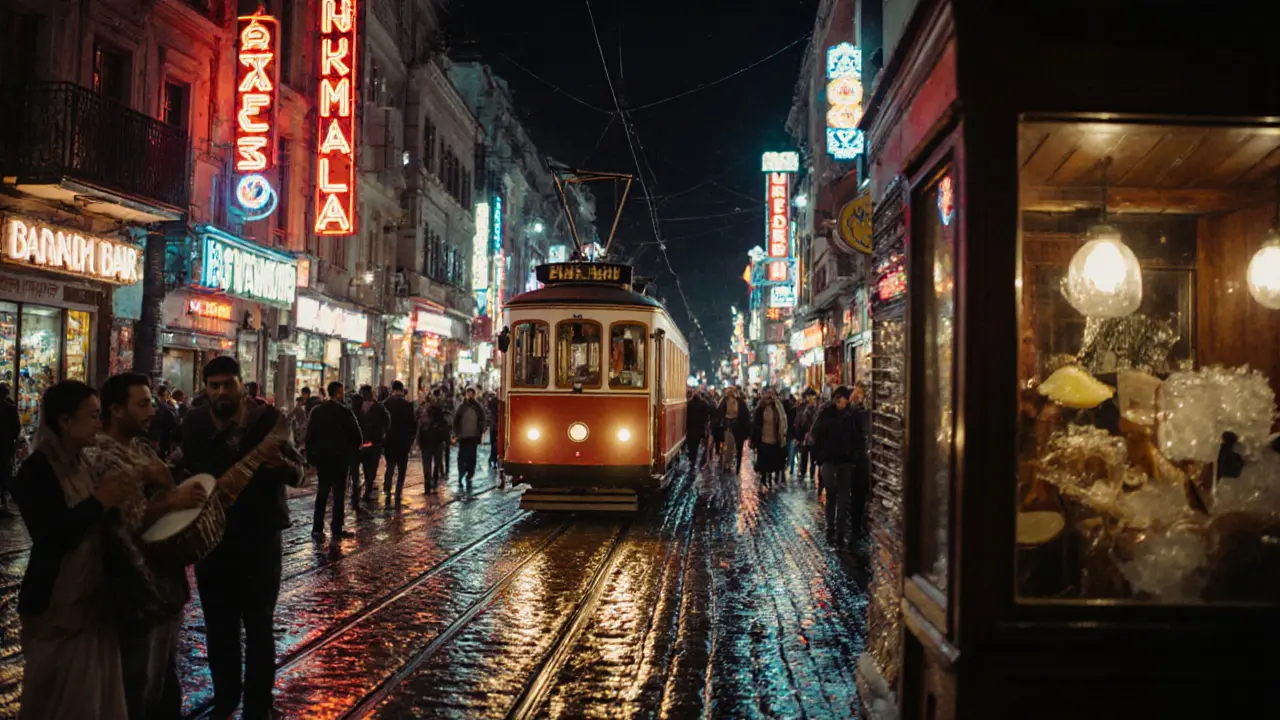 Crowded İstiklal Street at night with neon signs, a vintage tram, and musicians playing under glowing lights.