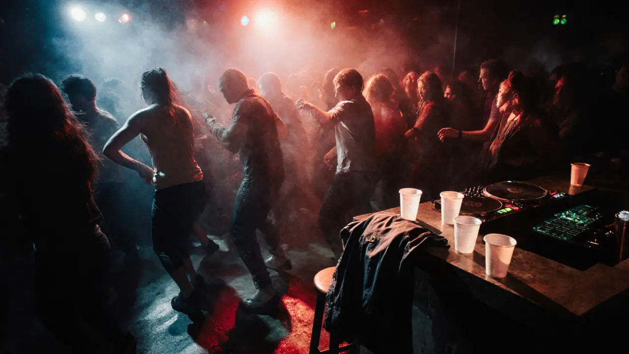 Crowded underground dance floor with dim lights and people moving to deep house music.