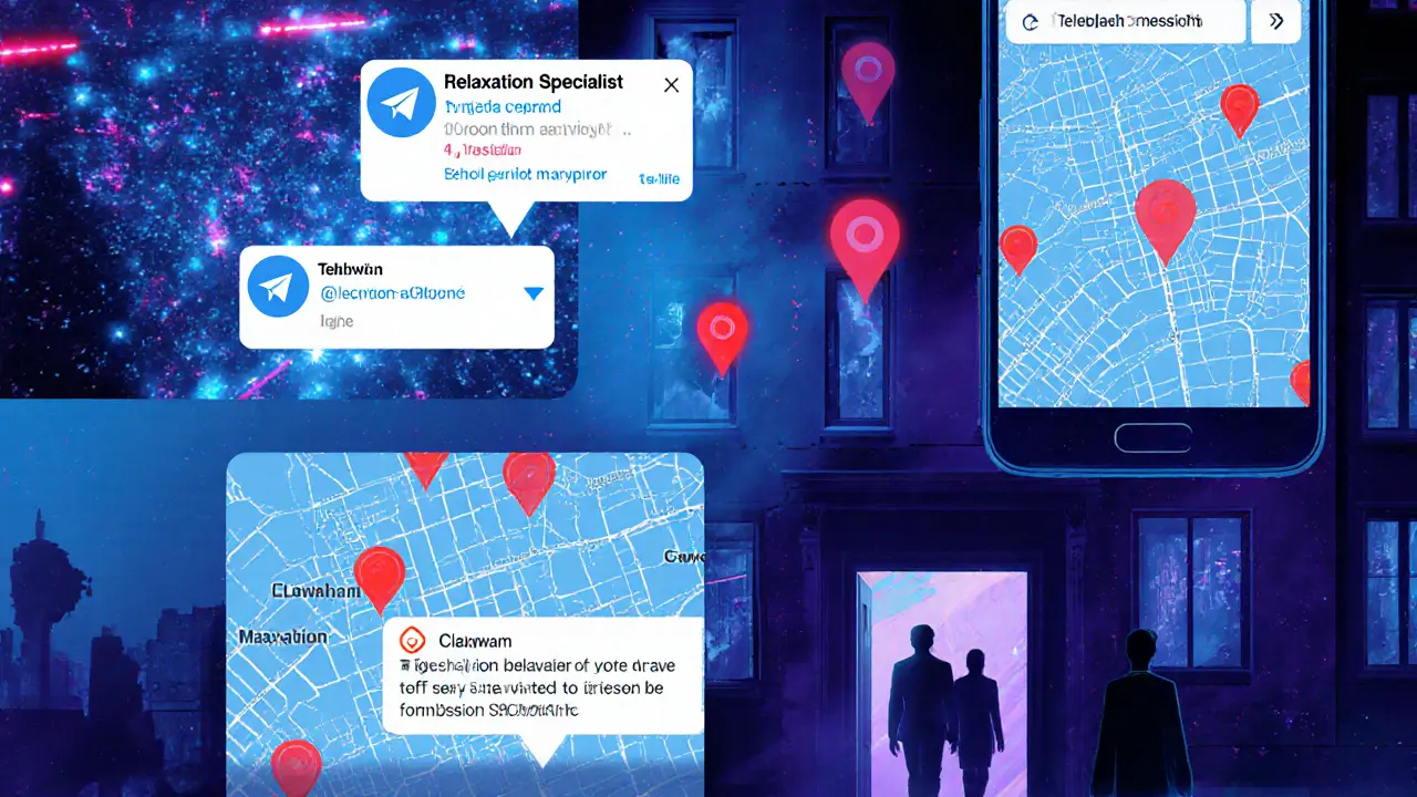 Digital collage of encrypted messages and hidden locations in London's underground massage network.