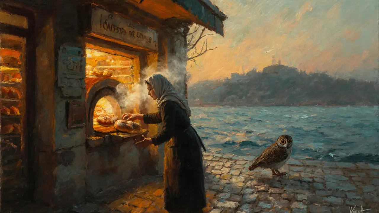 Early morning bakery in Kadıköy serving fresh simit as dawn breaks over the water.