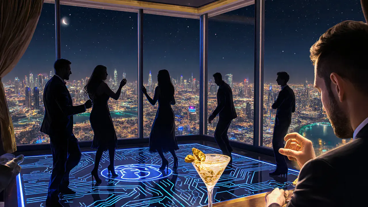 Elegant crowd dancing at a high-rise club with city lights below and golden cocktails at the bar.