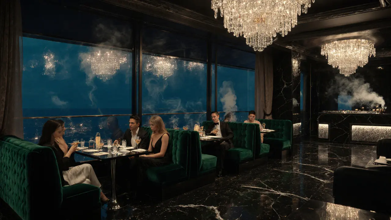 Interior of Opium nightclub with crystal chandeliers, velvet booths, and a glass terrace overlooking the Mediterranean sea at night.