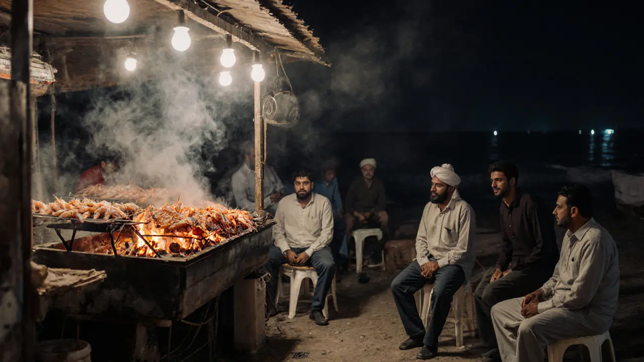 Late-night seafood stall with grilled prawns, fishermen, and soft ambient light under the stars.