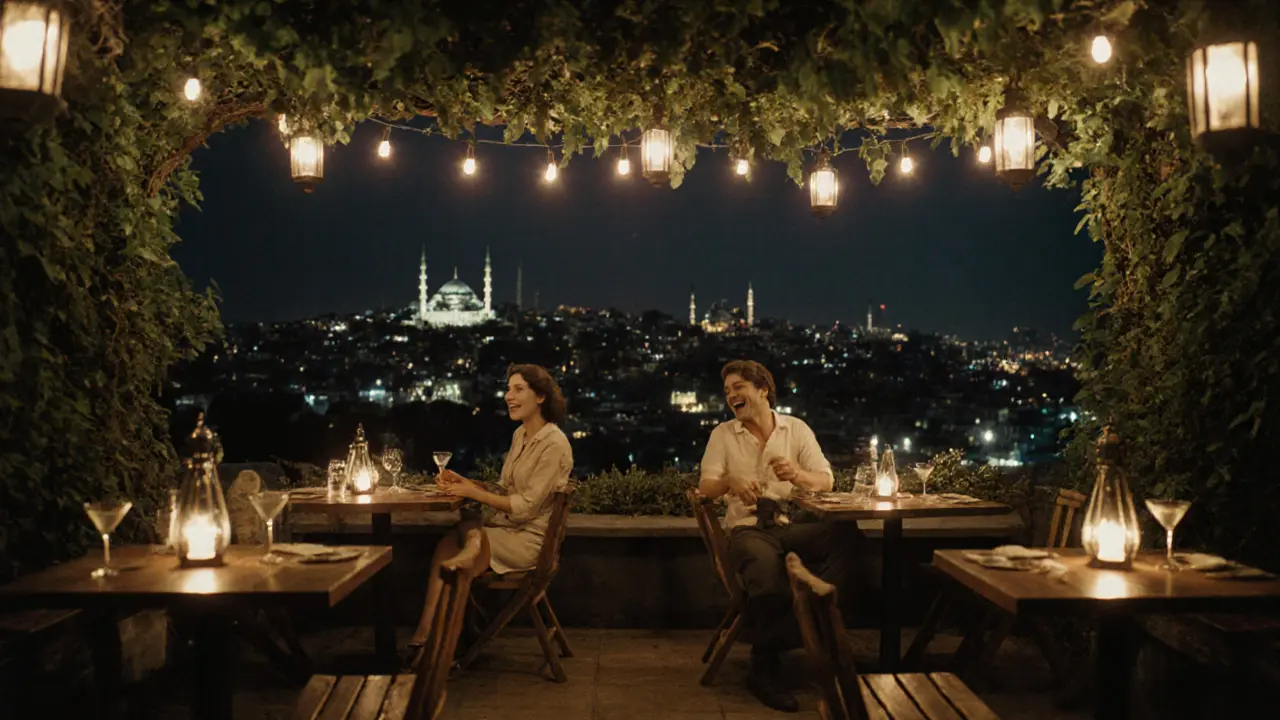 Leb-i Derya rooftop bar with greenery, soft lights, and Istanbul skyline at night.