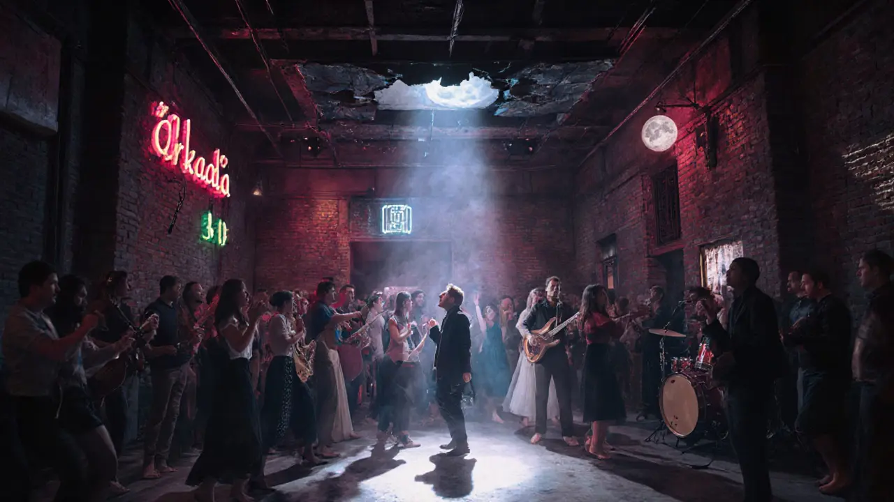 Live band performing in a warehouse club with pulsing lights and a diverse crowd dancing under moonlight.