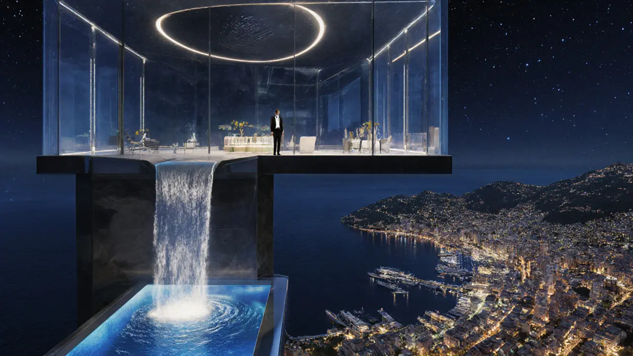 Luxurious rooftop lounge Le Sky with champagne waterfall and private helipad overlooking Monaco's harbor at night.