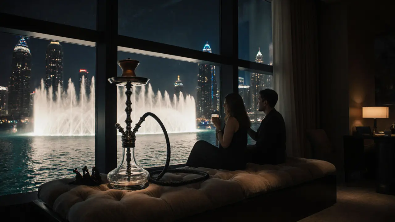 Luxurious shisha lounge with panoramic views of the Dubai Fountain at night, glass pipes and soft lighting.