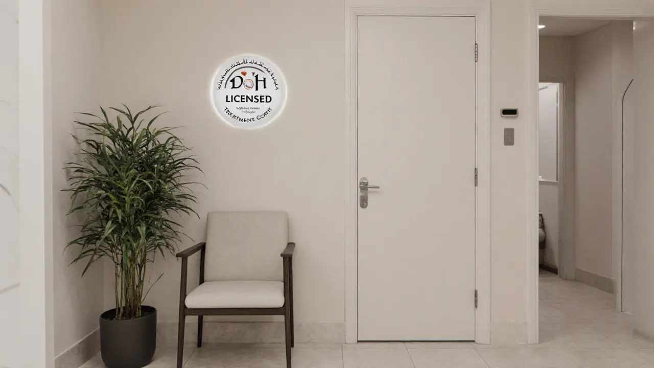 Minimalist waiting area of a licensed Abu Dhabi wellness center with DoH sign and single chair.