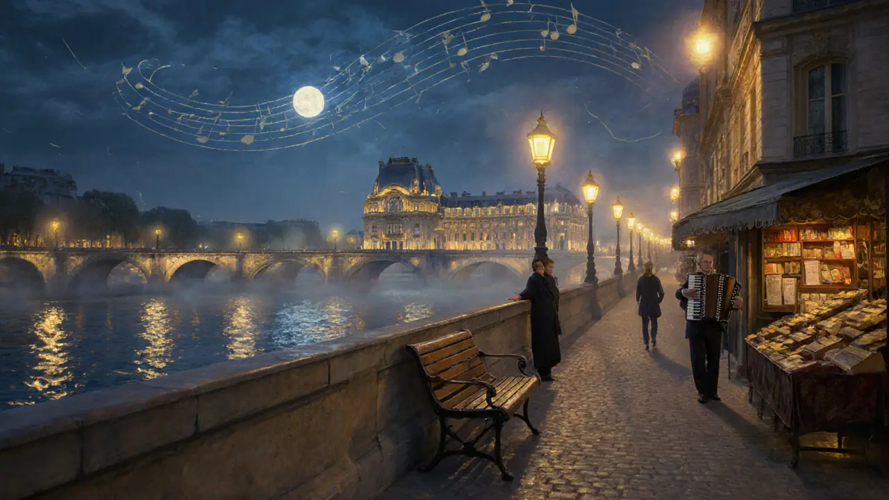 Moonlit walk along the Seine with golden lamps reflecting on water and bookstalls nearby.