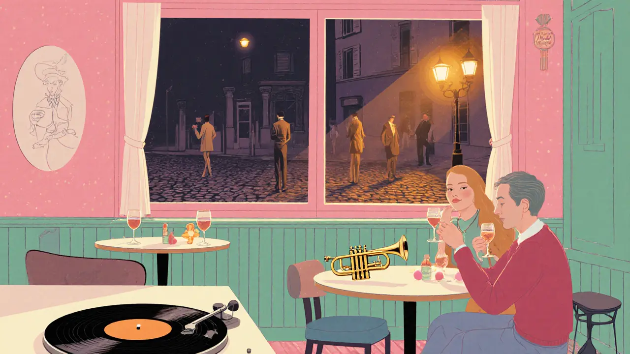 Pastel-colored Bar Luce interior with vinyl records and grappa glasses, Wes Anderson aesthetic, quiet midnight vibe.