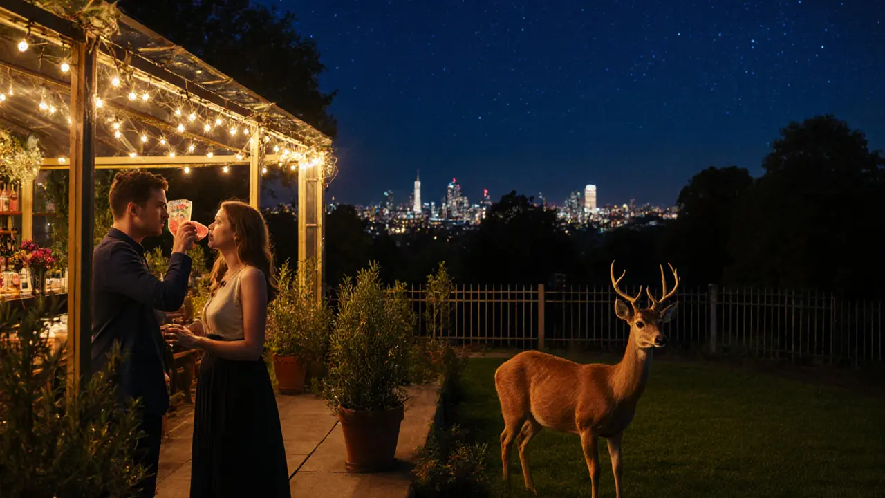 People drinking cocktails on a greenhouse terrace as a wild deer stands quietly just beyond the fence at night.