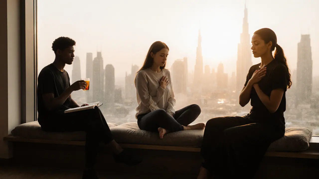 People quietly reflecting after a session, sipping tea and journaling in a serene Dubai wellness space.