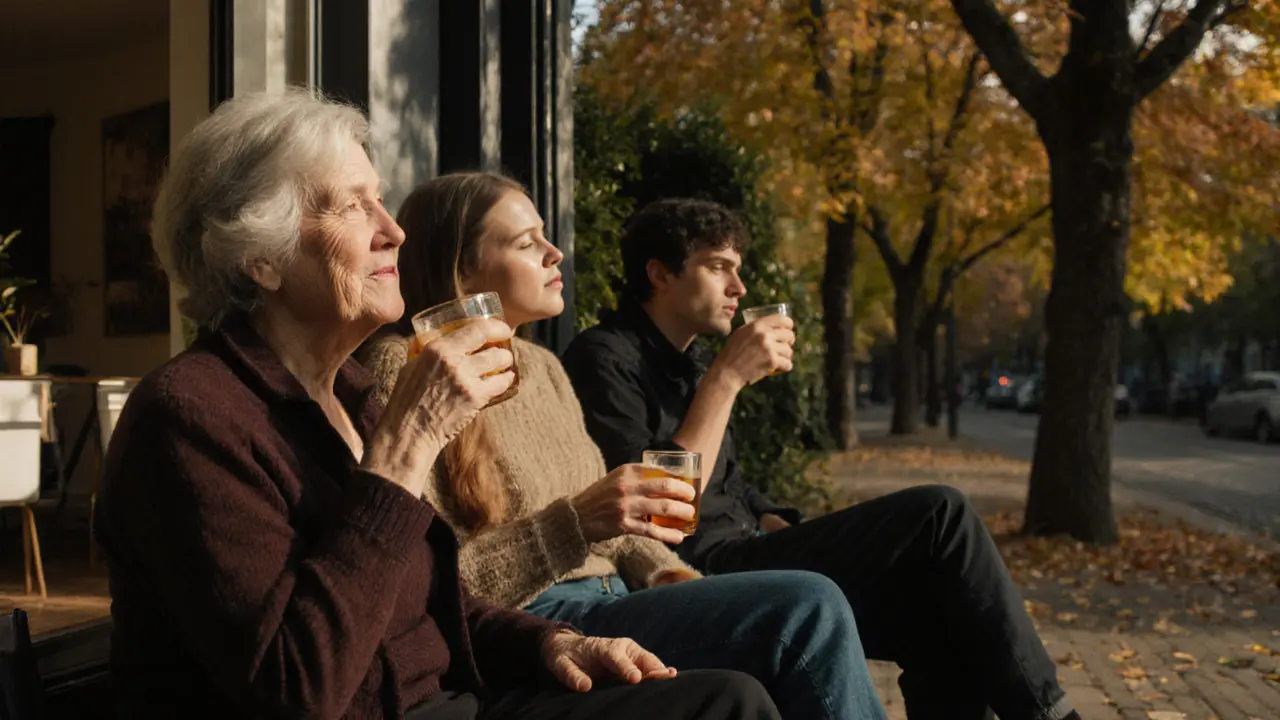 People sit quietly outside a Berlin wellness studio after a session, sipping tea and enjoying the calm of autumn sunlight.