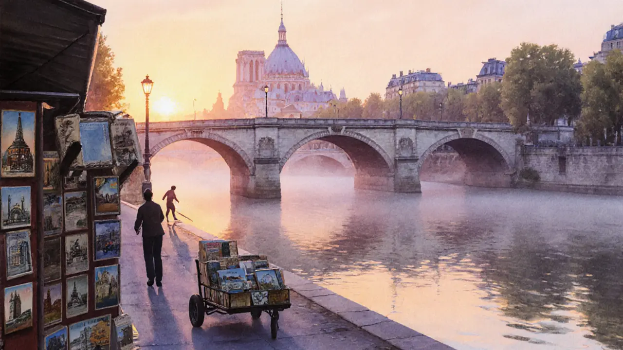 Quiet Seine riverside at sunrise with bookstalls and reflections under soft dawn light.