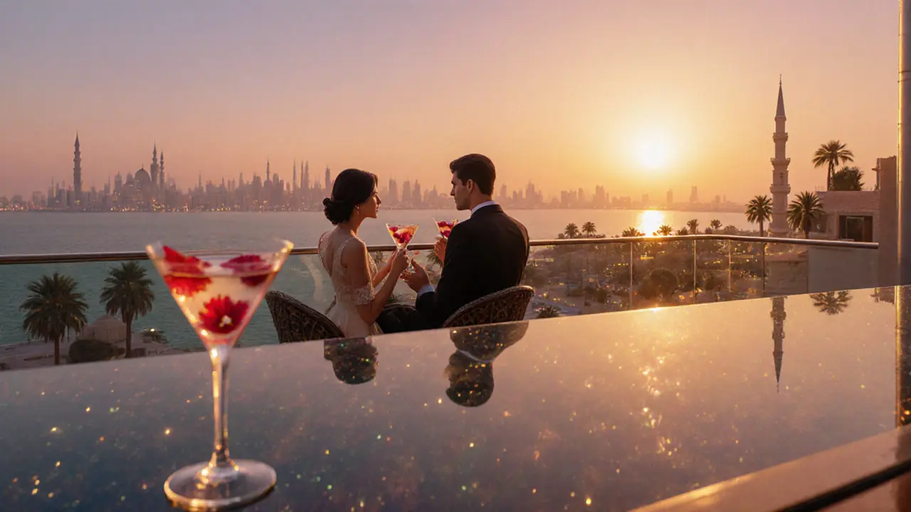 Rooftop bar at sunset with couples enjoying cocktails and a glowing city skyline.
