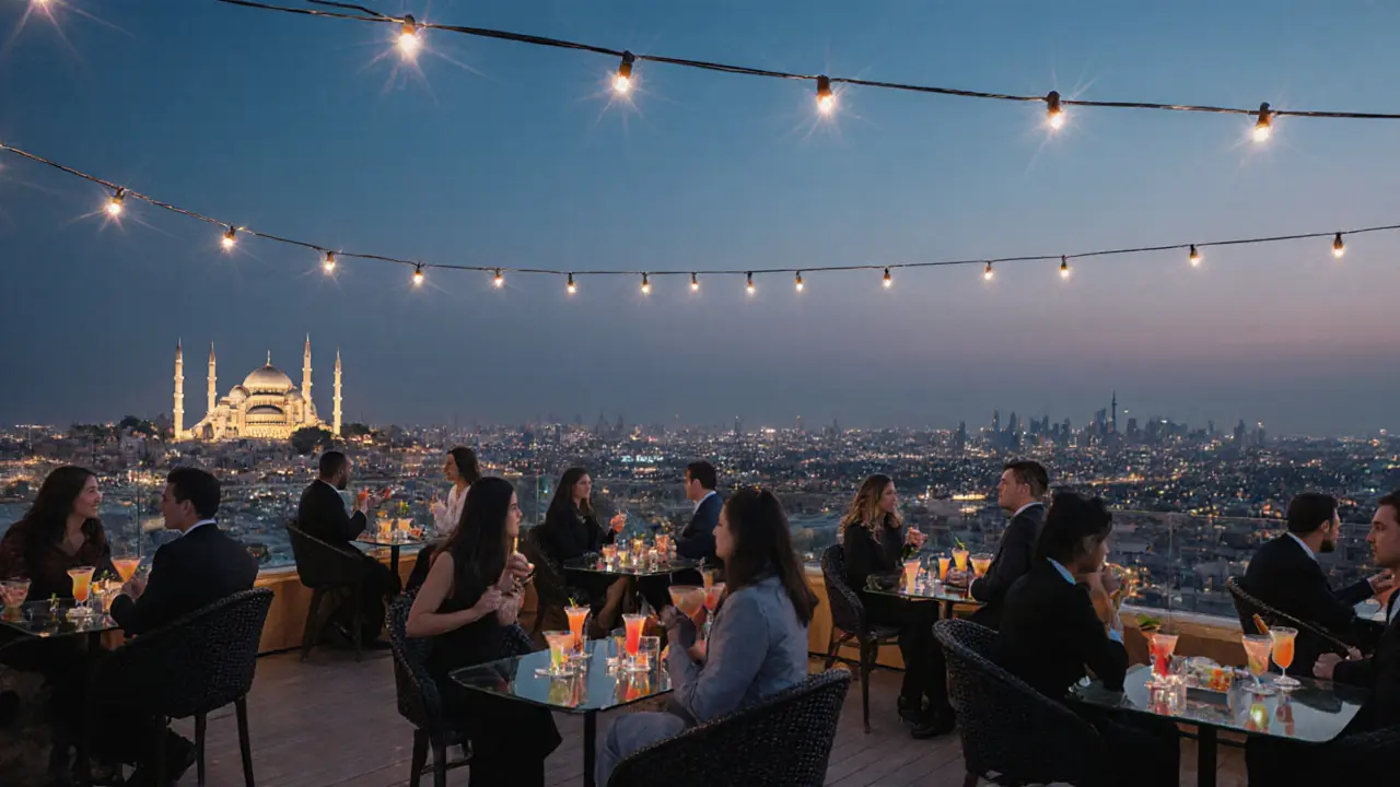 Rooftop bar at The St. Regis with skyline views of Abu Dhabi at dusk, guests sipping cocktails under string lights.